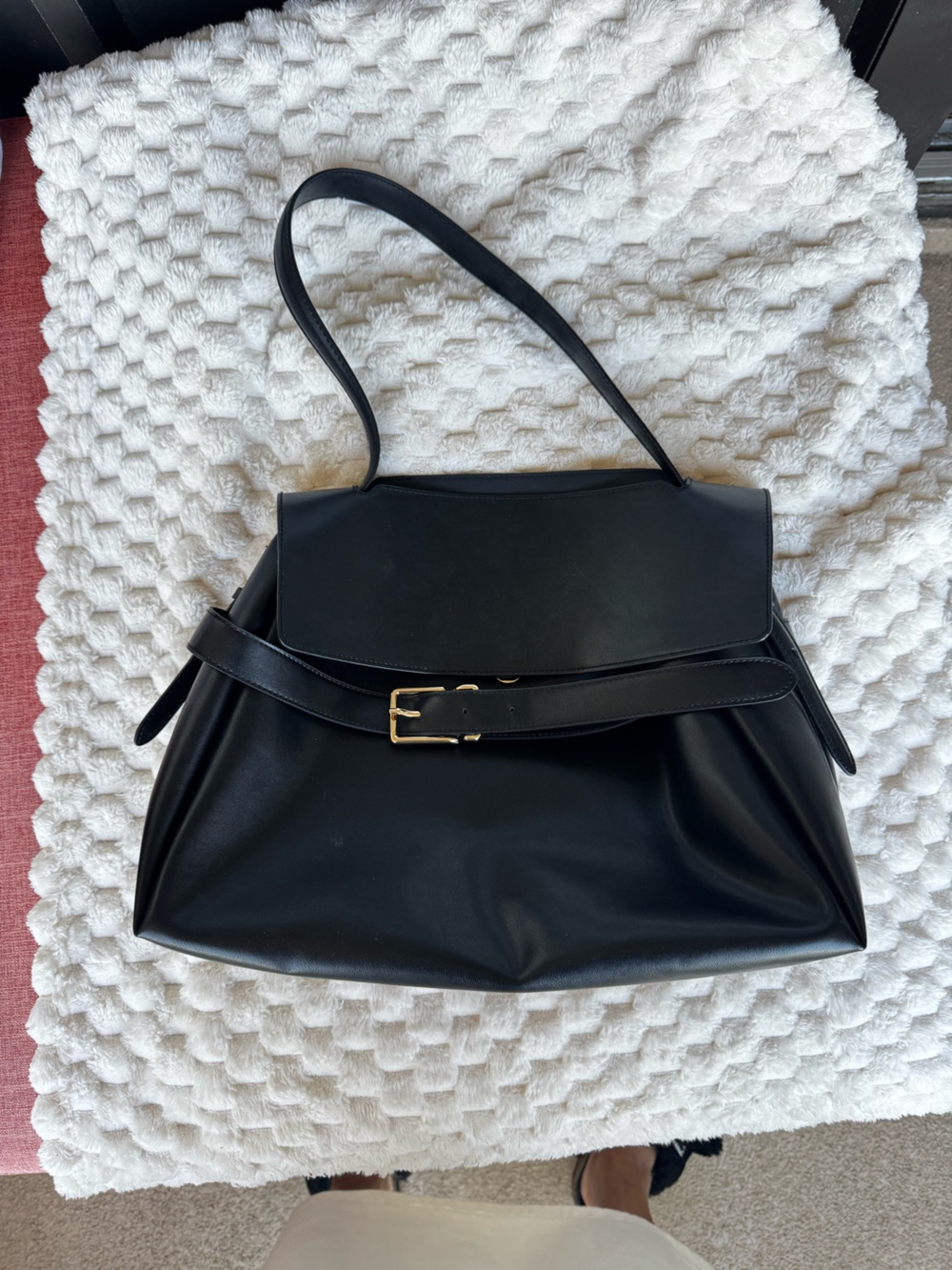 H&M Large Black Shoulder Tote | Structured Faux Leather | Gold Buckle